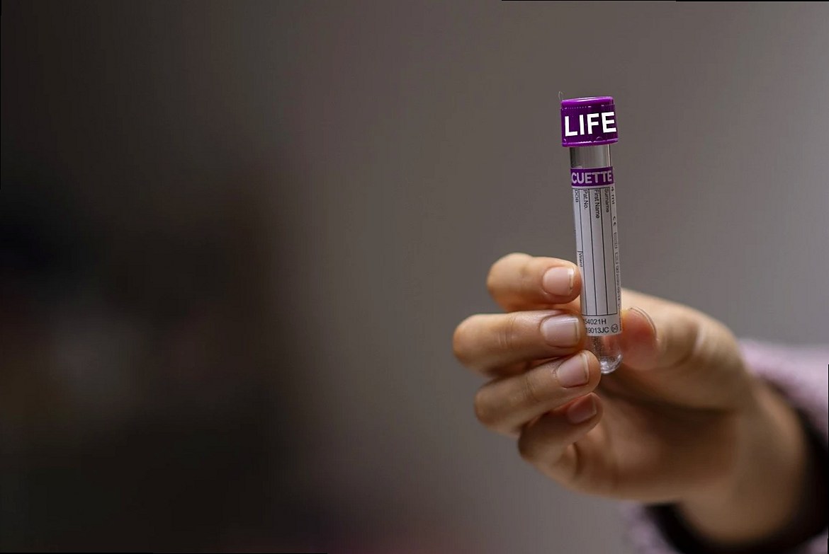 Hand holding a purple-capped sample tube